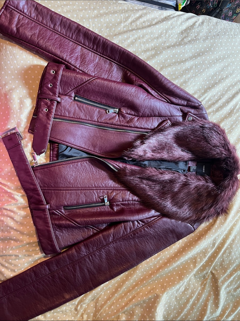 Forever 21 Burgundy Faux Leather Moto Jacket with Faux Fur Collar